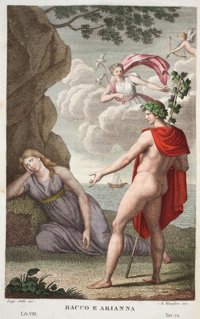 Baco y Ariadna, Libro VIII, ilustración de las Metamorfosis de Ovidio, Florencia, 1832 de Luigi Ademollo